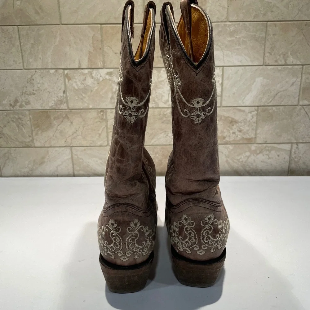 Corral Teens Brown Embroidered Floral Leather Western Cowboy Boots Size‎ 4